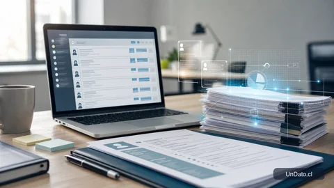 Un currículum ordenado junto a una laptop con un filtro digital sobre documentos de postulación.