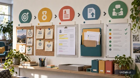 Panel de orientación laboral con etapas para adaptar un CV y preparar una entrevista
