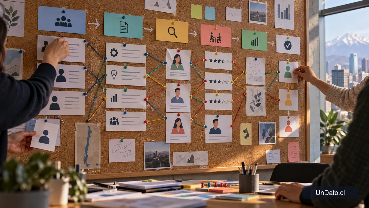Mapa visual de un proceso de selección con perfil de cargo, competencias y etapas conectadas en una sala de planificación
