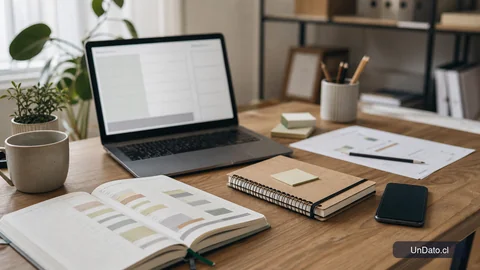 Cuaderno con bloques de horario, laptop y celular sobre una mesa de trabajo para organizar la búsqueda de empleo.