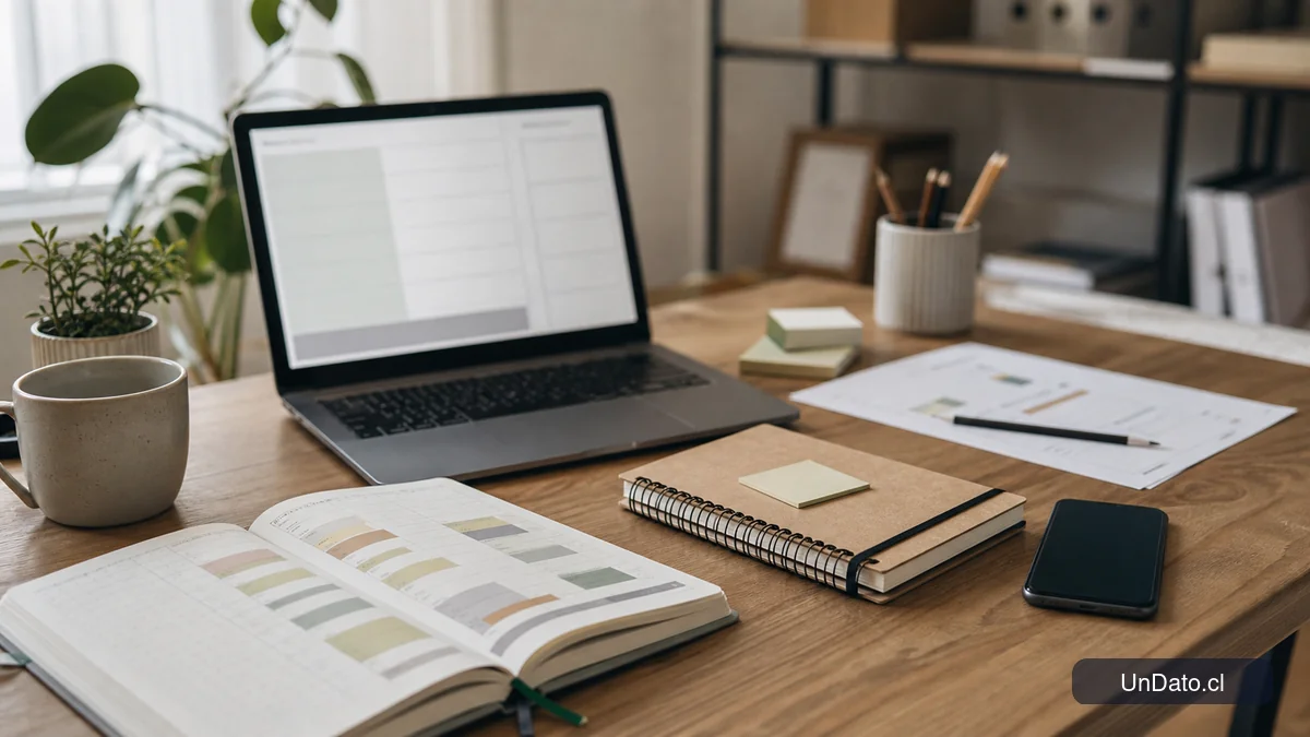 Cuaderno con bloques de horario, laptop y celular sobre una mesa de trabajo para organizar la búsqueda de empleo.