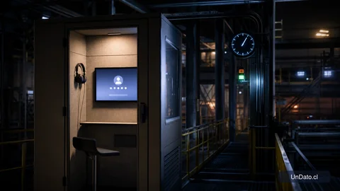 Cabina de entrevista digital iluminada, con audífonos, señalética de turnos nocturnos y un reloj digital en un entorno laboral.