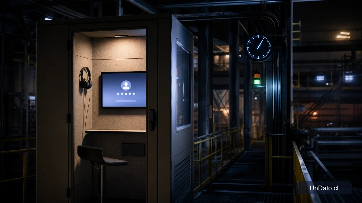 Cabina de entrevista digital iluminada, con audífonos, señalética de turnos nocturnos y un reloj digital en un entorno laboral.