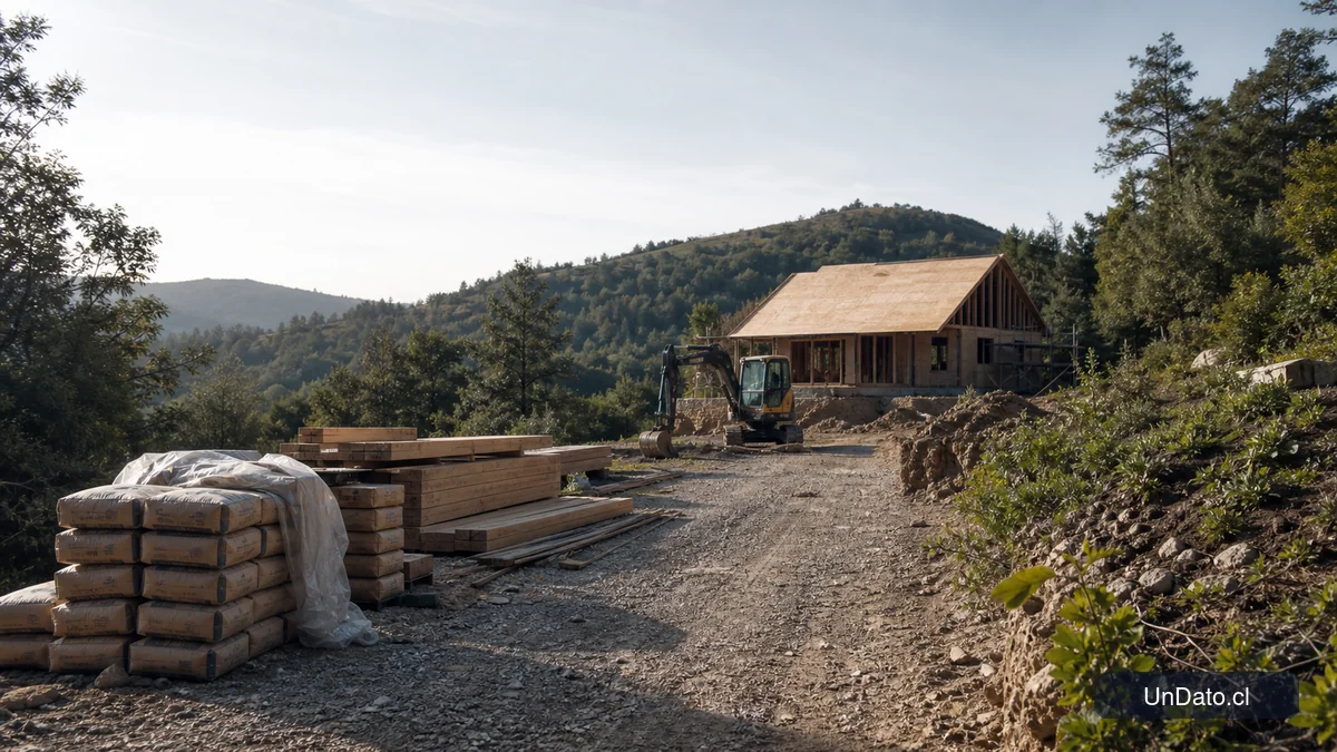Camino rural con materiales de construcción, maquinaria pequeña y una vivienda en obra al fondo.