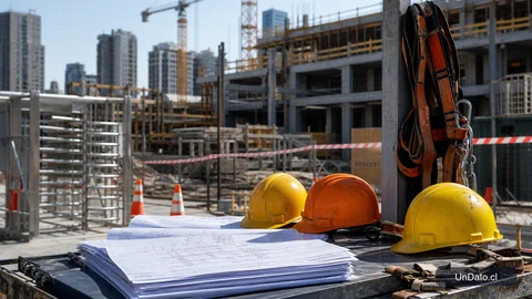 Una faena de construcción con acceso controlado, cascos, arnés, planos y señalética de seguridad.