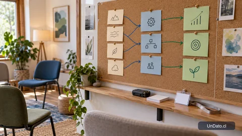 Panel de preparación para entrevistas con tarjetas de requisitos, acciones y resultados junto a una grabadora compacta.