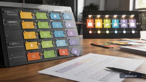 Matriz de competencias con tarjetas de habilidades y un tablero de etapas de postulación.