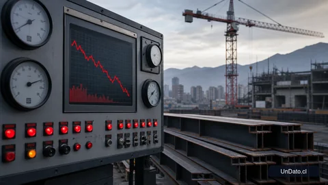 Tablero industrial con indicadores económicos en rojo, una grúa torre y materiales de obra junto a un gráfico descendente.