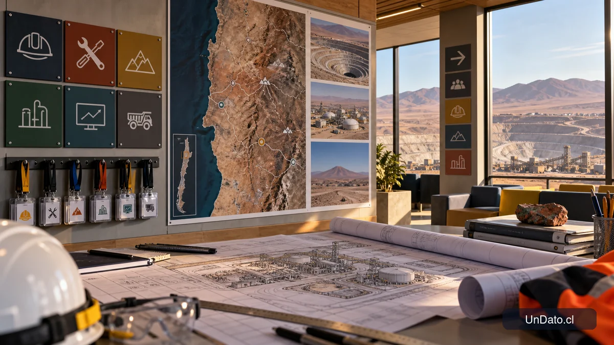 Panel de orientación laboral minera con mapa de Atacama, especialidades técnicas, credenciales y planos de una planta de procesamiento