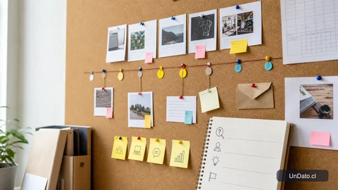 Pared de corcho con tarjetas de proyectos, una línea de tiempo de hitos, notas adhesivas con habilidades y una libreta abierta con preguntas de entrevista.