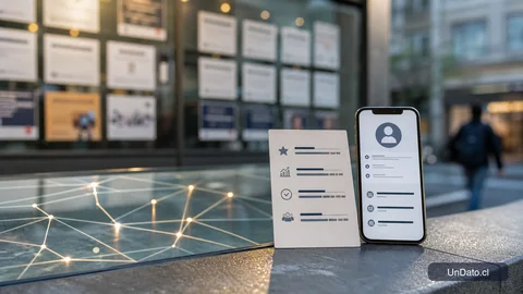 Una composición con avisos de vacantes, un teléfono con un perfil profesional y tarjetas de logros medibles en un entorno urbano.