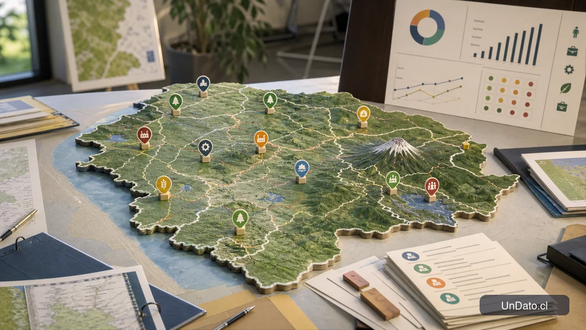 Mapa de La Araucanía con marcadores de sectores productivos y un panel de metas de empleo.