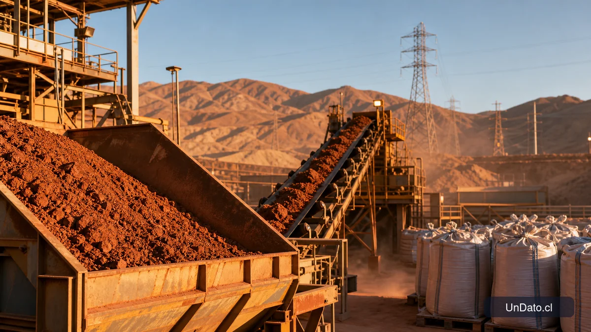 Tolva de mineral de cobre junto a una cinta transportadora y bolsas de concentrado en una faena minera del norte.