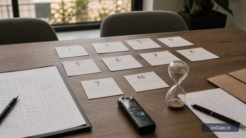 Mesa de entrevista con tarjetas numeradas, una hoja de evaluación, una grabadora de audio y un reloj de arena pequeño.