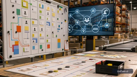 Tablero de planificación con tarjetas de roles, diagramas de flujo y automatización conectando personas, software y robots en una bodega industrial.