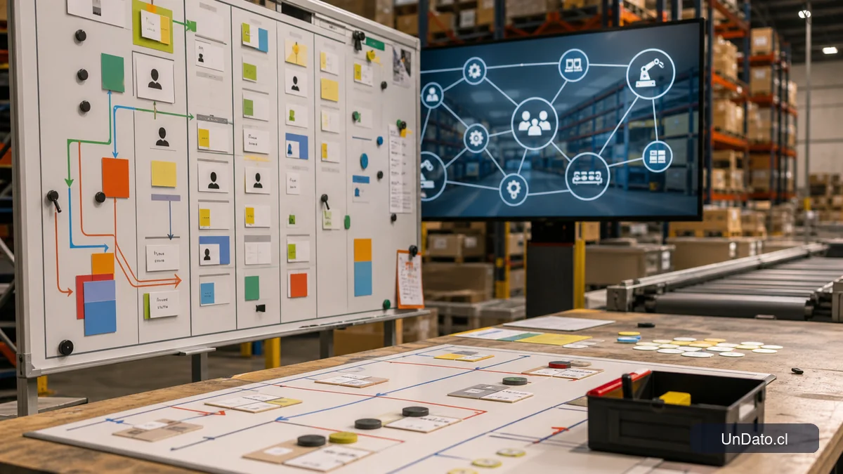 Tablero de planificación con tarjetas de roles, diagramas de flujo y automatización conectando personas, software y robots en una bodega industrial.