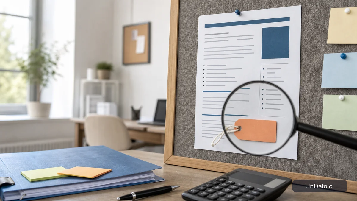 Pizarra con un aviso de empleo, una etiqueta de rango salarial, una lupa y una calculadora para representar una oferta laboral transparente.