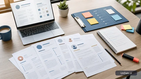 Escritorio con currículums impresos, un computador portátil y formularios de selección ordenados para revisar postulaciones.