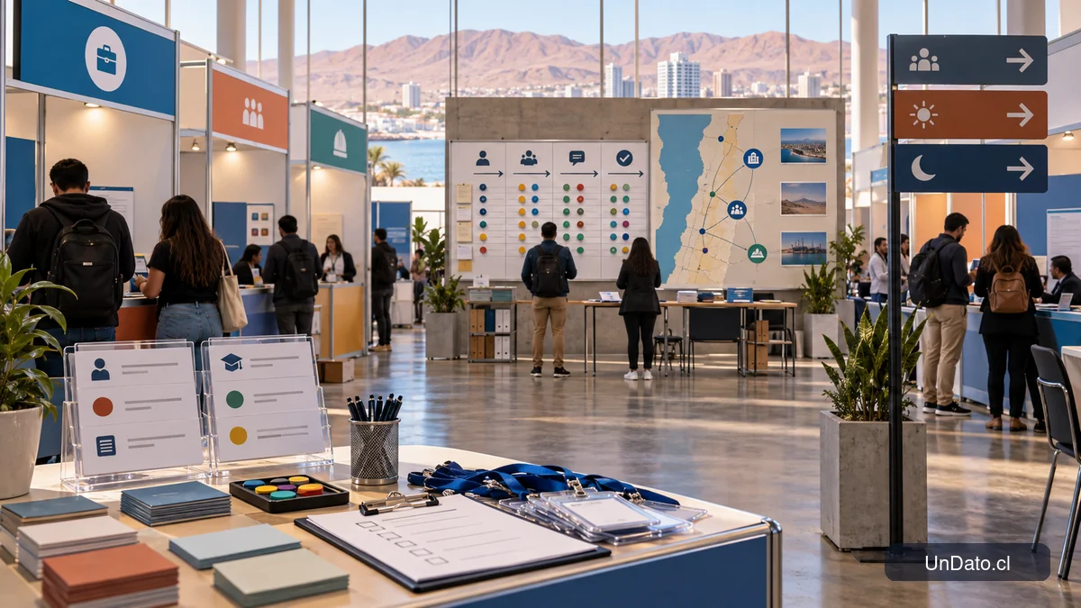 Feria laboral regional con módulos de empresas, señalética de vacantes y un panel que organiza postulaciones y etapas de selección