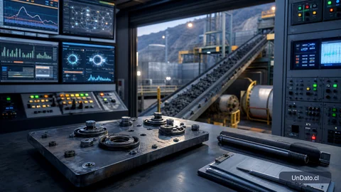 Sala de control minera con pantallas de monitoreo, sensores industriales, una correa transportadora y una placa de mantenimiento predictivo.
