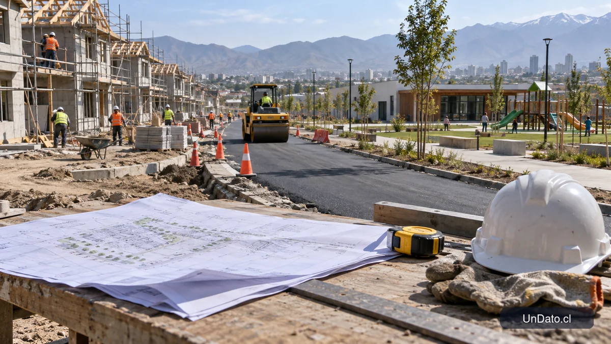 Obras de vivienda y pavimentación en ejecución con maquinaria, planos y señalética de seguridad