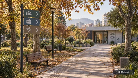 Sendero de parque con señalética hacia un centro de orientación laboral y espacios de descanso