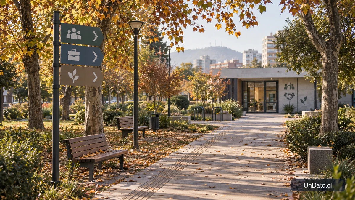 Sendero de parque con señalética hacia un centro de orientación laboral y espacios de descanso