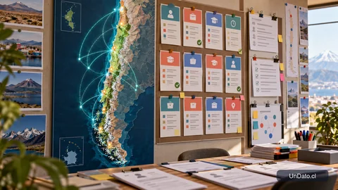 Mapa de Chile con conexiones entre regiones y tarjetas de oportunidades laborales para una feria de empleo.