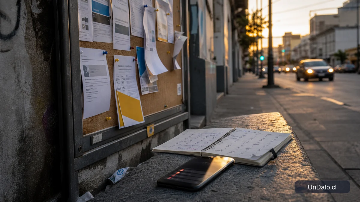 Tablero de avisos de empleo en una vereda urbana, con anuncios impresos, un celular con notificaciones pendientes y una libreta con días marcados.