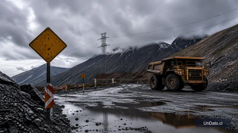 Acceso a una faena minera cordillerana con camino mojado, señalética de seguridad, un camión detenido y una línea eléctrica de respaldo.