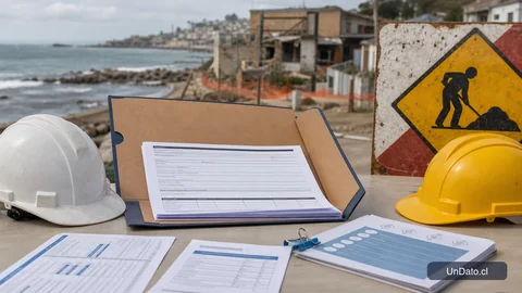 Carpeta de postulación junto a un casco de seguridad, un formulario con Clave Tributaria y una ficha de subsidio laboral.