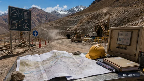 Acceso a una faena minera con plano técnico, casco de seguridad y señalética de trámite digital.