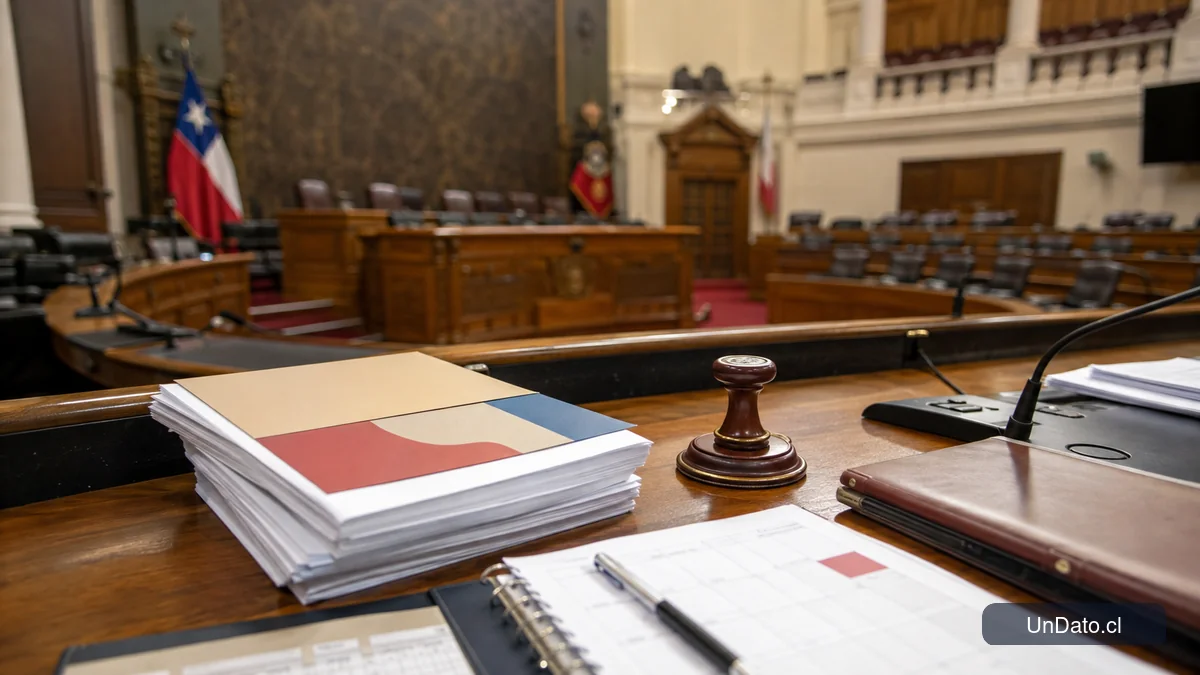Sala de sesiones del Congreso con documentos legislativos y una carpeta de proyecto sobre una mesa.