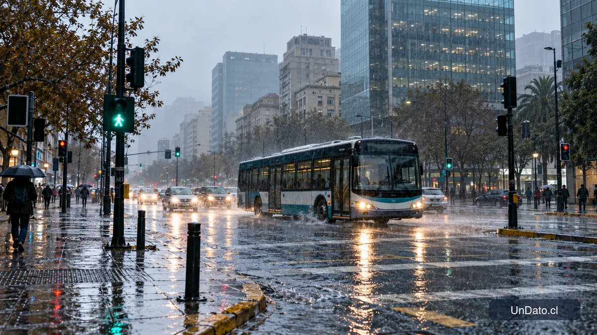 Calle urbana chilena bajo lluvia intensa con un bus avanzando lentamente y señalización visible.