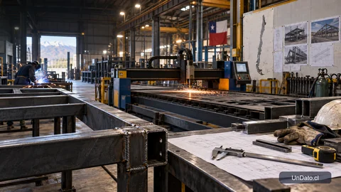 Taller metalmecánico chileno con estructuras de acero, máquinas de corte, planos técnicos y señalética de seguridad