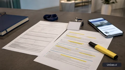 Formulario de postulación impreso junto a una hoja de experiencia laboral con secciones resaltadas, un marcador amarillo, una credencial de acceso y un teléfono con un portal de em