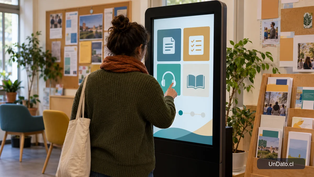 Pantalla de capacitación laboral en línea con módulos visuales en un espacio comunitario de orientación.