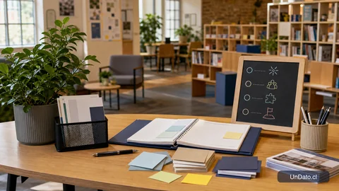 Mesa de orientación laboral con una carpeta de reingreso, tarjetas de mentoría y una pizarra con pasos de adaptación.