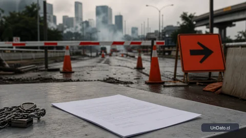 Puesto de control vial con conos, barrera de cierre, señal de desvío y un documento timbrado sobre una mesa metálica.