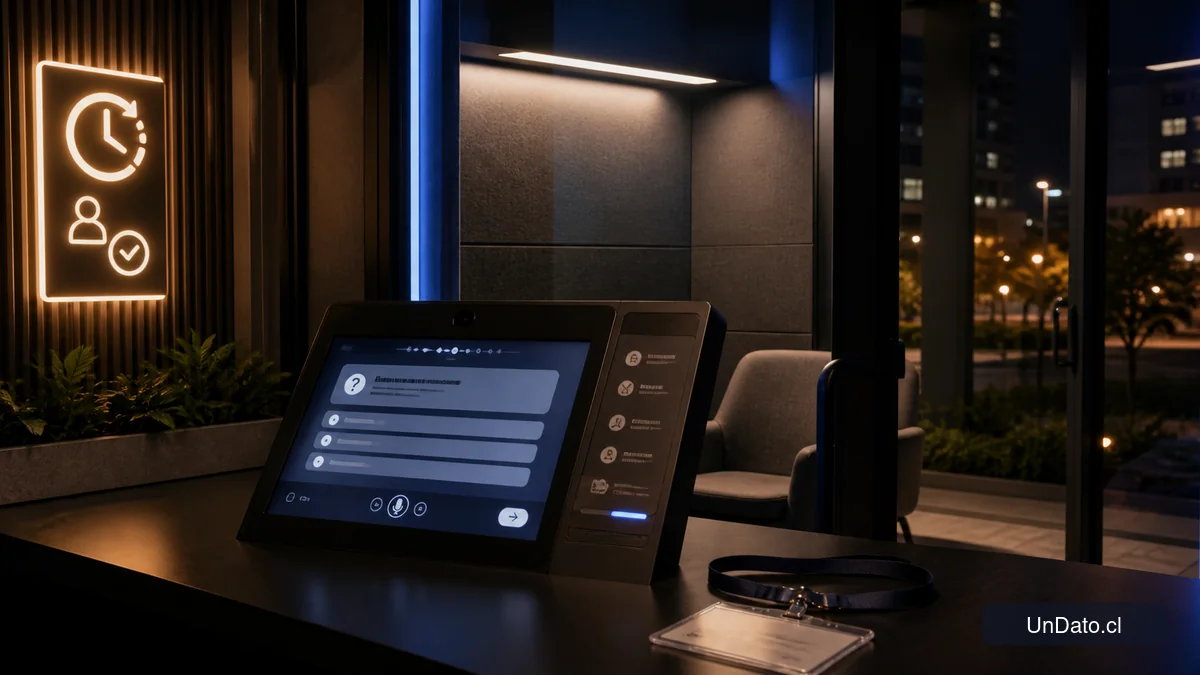 Cabina de videoentrevista con pantalla iluminada, panel de instrucciones y señalética de horario flexible.