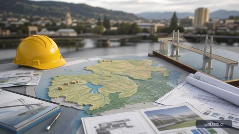 Mapa de la Región de Los Ríos junto a un casco de obra, una maqueta de puente y documentos de proyectos regionales.