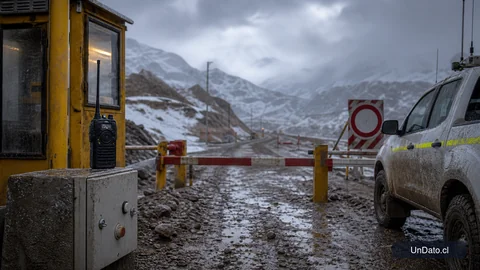 Acceso a una faena minera con barreras, señal de ruta cerrada, radio portátil y vehículo de apoyo en condiciones climáticas difíciles.