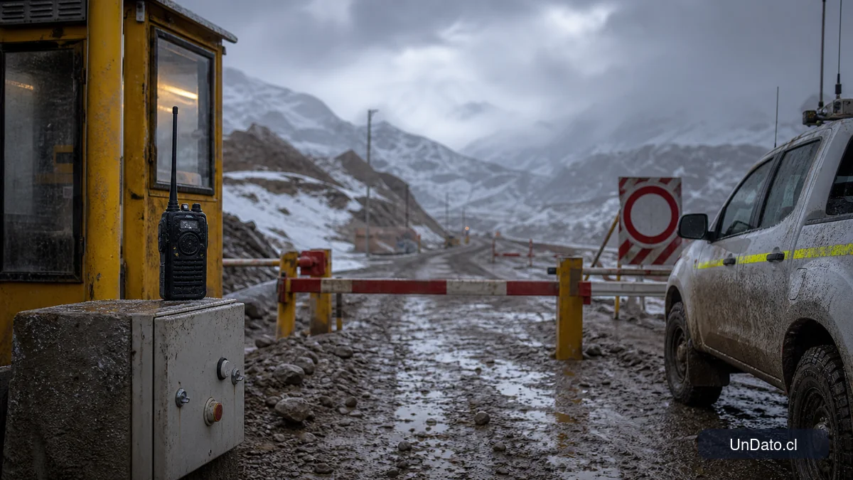 Acceso a una faena minera con barreras, señal de ruta cerrada, radio portátil y vehículo de apoyo en condiciones climáticas difíciles.