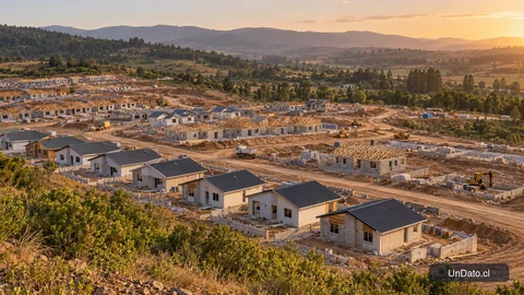 Conjunto de viviendas en construcción en el Maule con varios frentes de obra visibles.