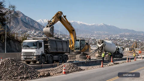 Camión tolva, excavadora y mezcladora de hormigón trabajando junto a una obra vial con conos naranjas y acopio de áridos.