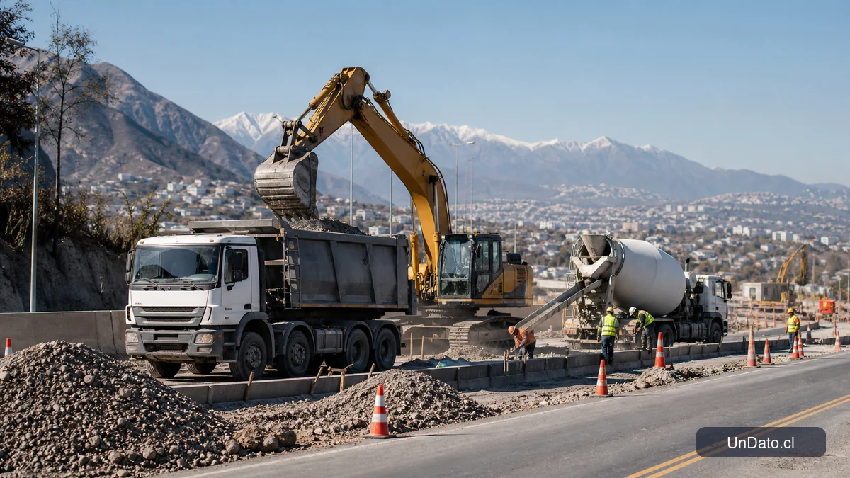 Camión tolva, excavadora y mezcladora de hormigón trabajando junto a una obra vial con conos naranjas y acopio de áridos.