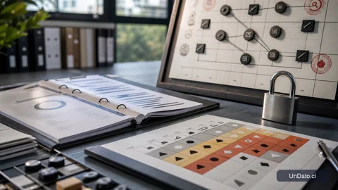 Mesa de evaluación con carpeta, matriz de riesgo, candado y un tablero de trazabilidad para revisar una herramienta de selección con IA.