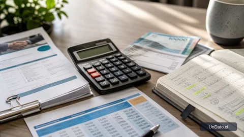 Una calculadora, una oferta laboral impresa, una tabla de rango salarial y un comprobante de sueldo sobre una mesa neutra.