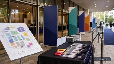 Acceso a una feria laboral con señalética de registro, un mapa del recinto, tótems de empresas y una mesa de acreditación.