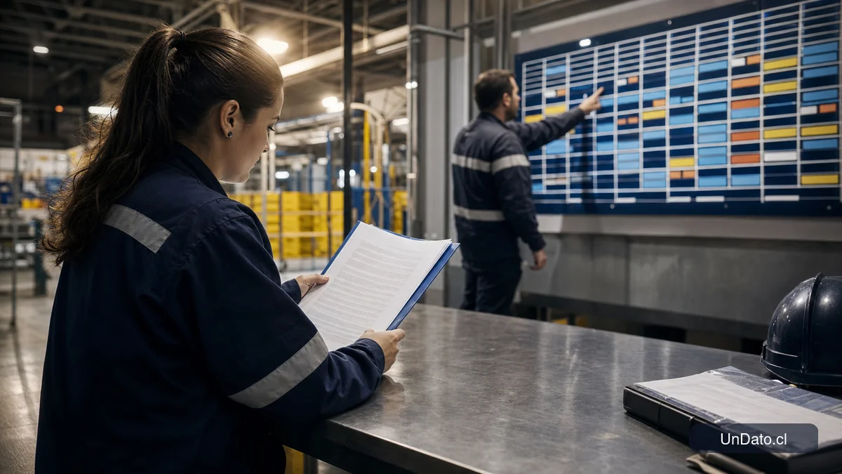 Una trabajadora revisa un contrato junto a un tablero de turnos en una planta o centro logístico, revisando horarios, descansos y condiciones antes de aceptar.